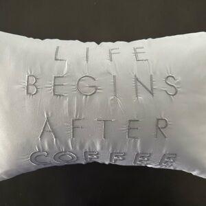 Chic Gray Pillow with Life Begins After Coffee Quote